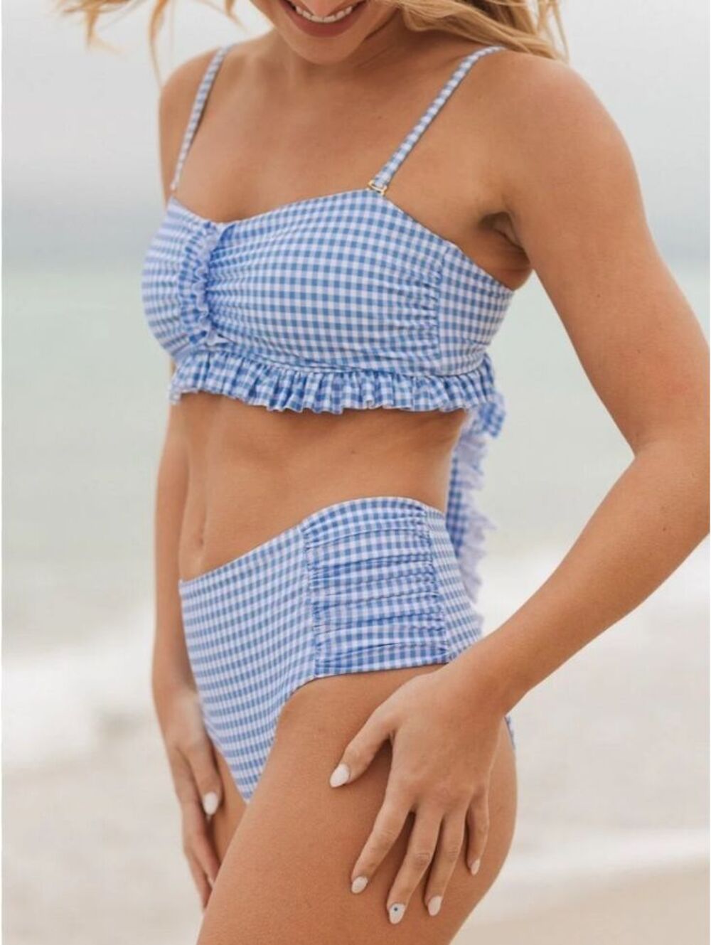 Ivy City Co Blue Gingham Bikini Set NWT Top L Bottom XL Smocked Tie Back